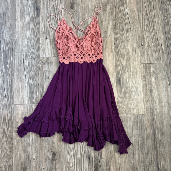 Free People Adella Lace Mini Dress In Size Medium Copper Combo Color Plum - Picture 2 of 6